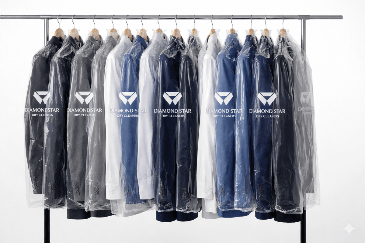 Professional dry cleaning service in Dubai, freshly pressed suits and shirts with steam ironing