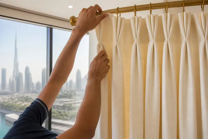 Saubere Gardinen mit gleichmäßigen Falten an einem Fenster mit Blick auf Dubai aufgehängt
