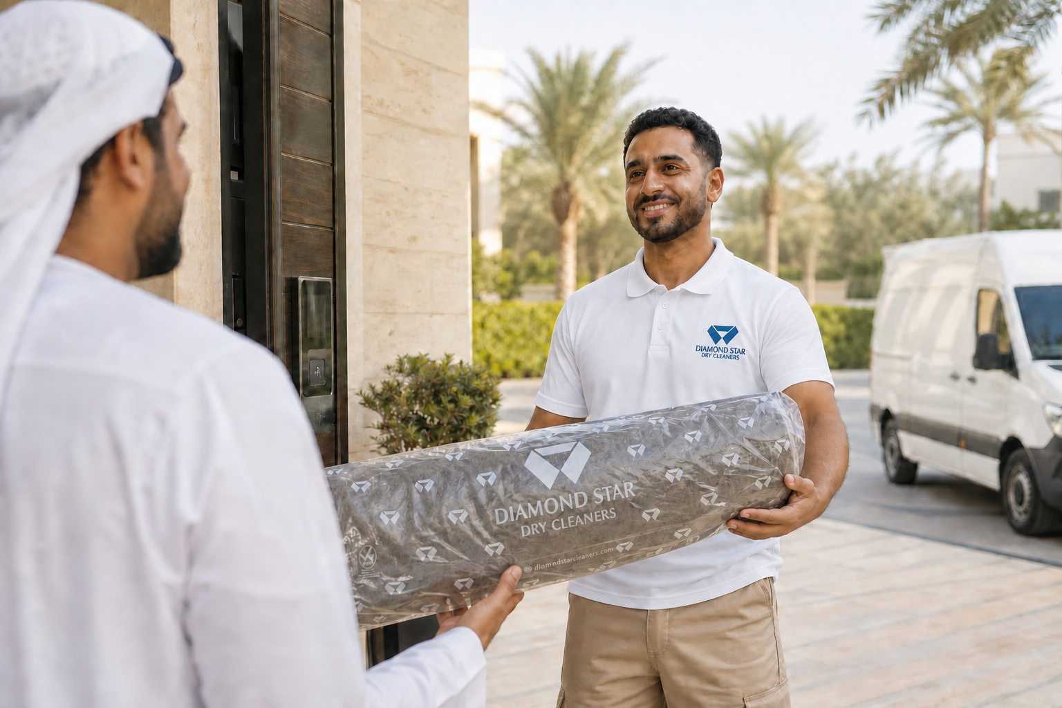 Diamond Star technician in the official uniform returning a clean carpet in a transparent branded cover