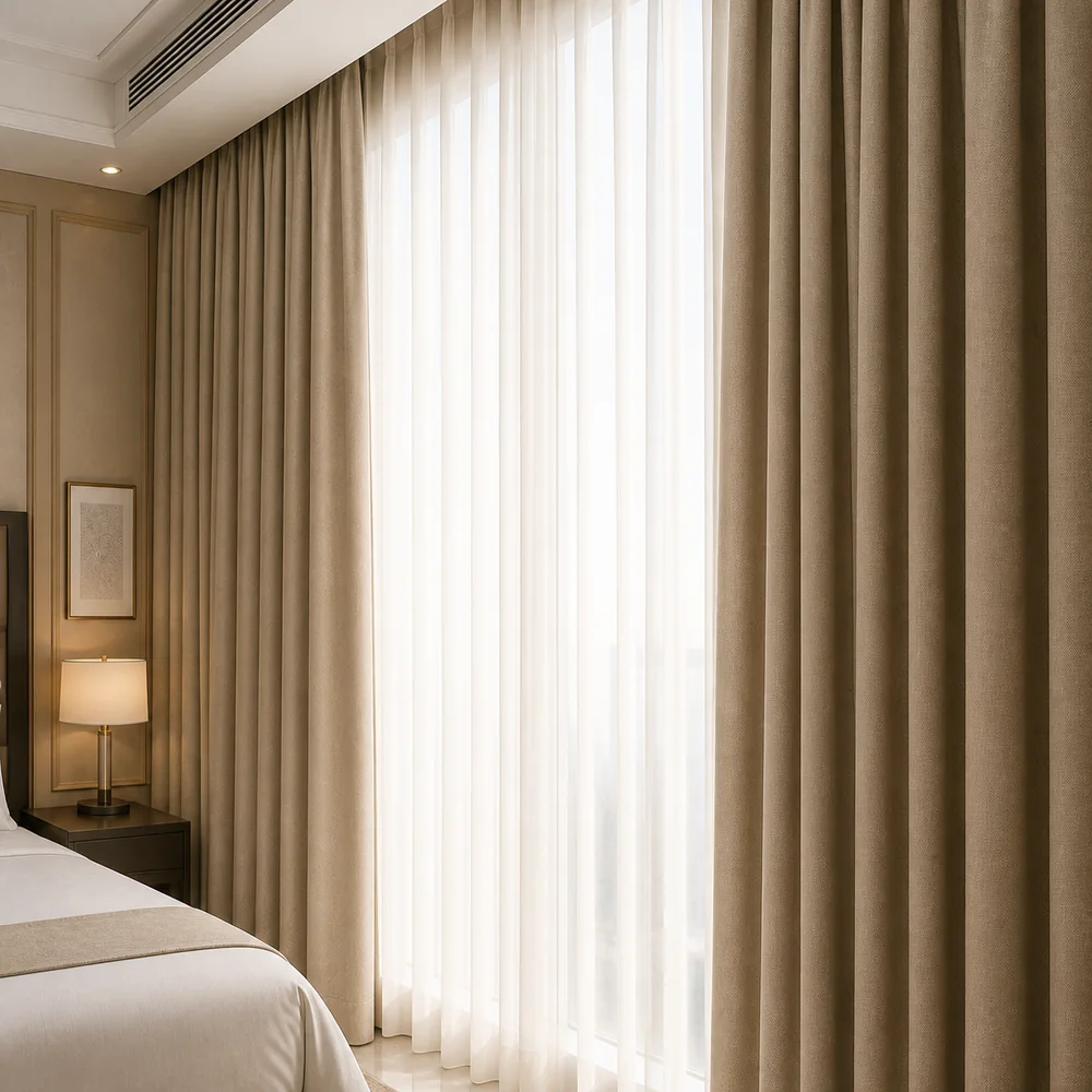 Layered curtains and sheer drapes in a bright hospitality room