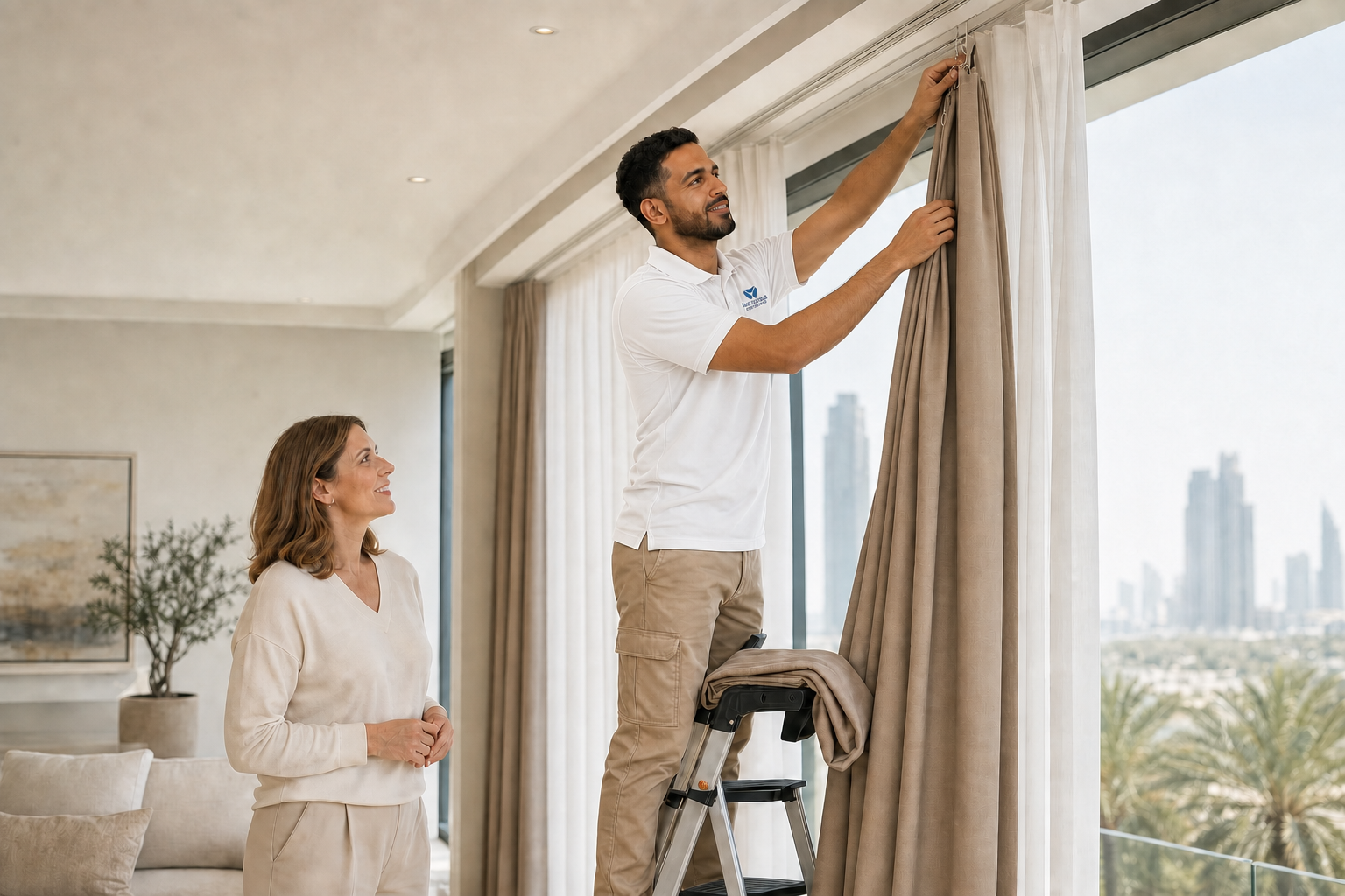 Diamond Star technician taking down a customer's curtains before collection