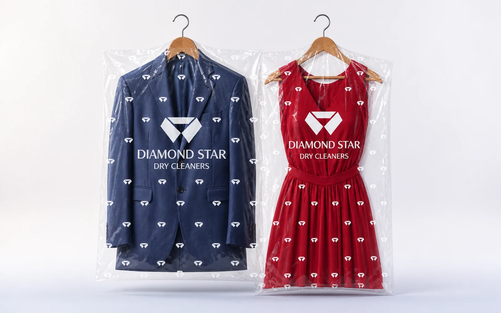 A navy suit and red dress prepared in Diamond Star protective covers
