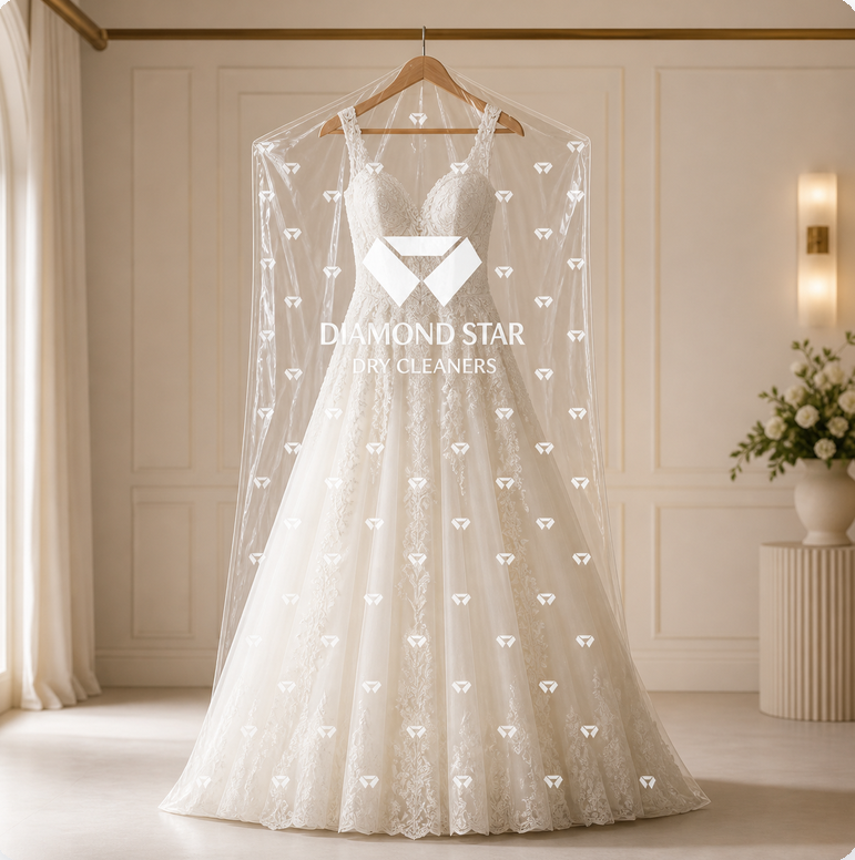White wedding dress prepared in a Diamond Star protective cover